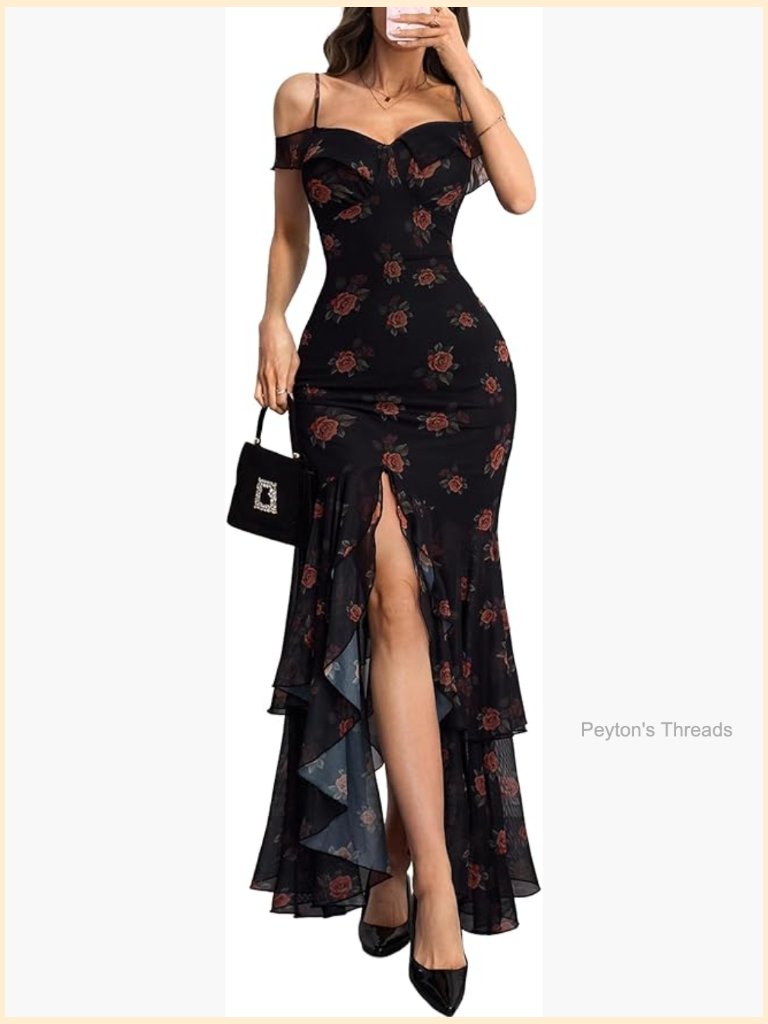 Spaghetti Strap Sweetheart Neck Mesh Ruffled Front High Slit Maxi Dress
